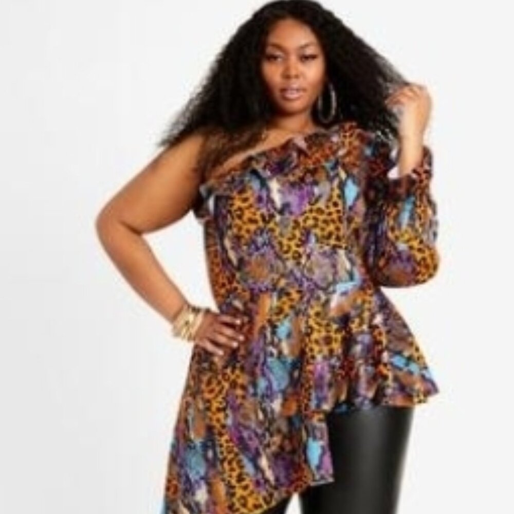 ASHLEY STEWART PLUS SIZE MIX ANIMAL PRINT ONE SHOULDER TOP | SIZE 30/32 | MULTI